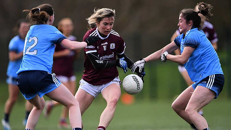 23 February 2020; Tracey Leonard of Galway is tackled by Laura Kane, left, and Eabha Rutledge of Dublin during the 2020 Lidl Ladies National Football League Division 1 Round 4 match between Dublin and Galway at Parnell Park in Dublin. Photo by Piaras O Midheach/Sportsfile