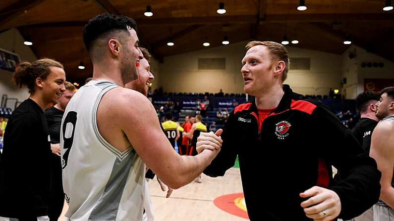 25 January 2020; Colin Murray of Tradehouse Central Ballincollig, left, celebrates with team-mate Ian McLoughlin following the Hula Hoops Presidents National Cup Final between IT Carlow Basketball and Tradehouse Central Ballincollig at the National Basketball Arena in Tallaght, Dublin. Photo by Harry Murphy/Sportsfile