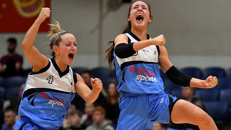 27 January 2019; MVP Dayna Finn of Maree, right, celebrates with team-mate Carol McCarthy after the Hula Hoops Womens Division One National Cup Final match between Maree and Ulster University Elks at the National Basketball Arena in Tallaght, Dublin. Photo by Brendan Moran/Sportsfile