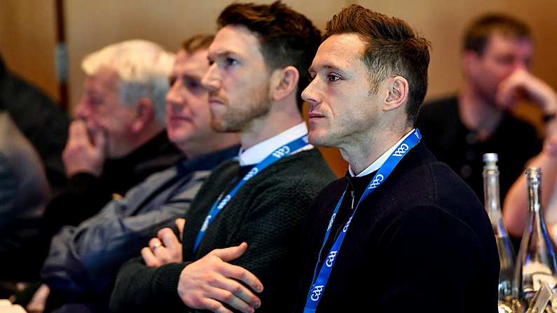 29 February 2020; GPA CEO Paul Flynn, right, and GPA Chairman Seamus Hickey during the GAA Annual Congress 2020 at Croke Park in Dublin. Photo by Piaras O Midheach/Sportsfile