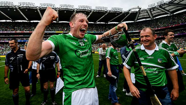 19 August 2018; Shane Dowling of Limerick celebrates following their victory in the GAA Hurling All-Ireland Senior Championship Final match between Galway and Limerick at Croke Park in Dublin.  Photo by Ramsey Cardy/Sportsfile