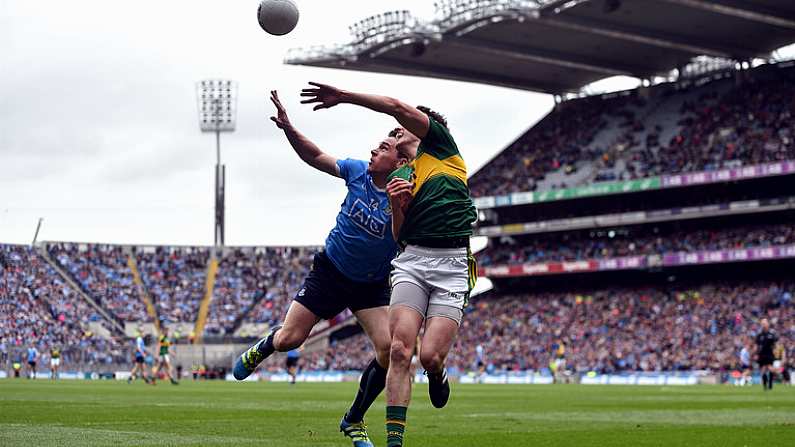 9 April 2017; Paddy Andrews of Dublin in action against Ronan Shanahan of Kerry during the Allianz Football League Division 1 Final between Dublin and Kerry at Croke Park in Dublin. Photo by Ramsey Cardy/Sportsfile