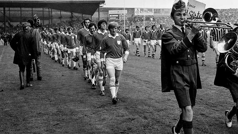 2 September 1973; The Limerick team, led by captain Eamonn Grimes, parade behind the Artane Band ahead All Ireland Hurling Final match between Kilkenny and Limerick at Croke Park, in Dublin. Photo by Connolly Collection/Sportsfile