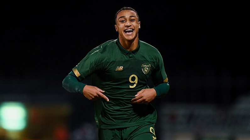 19 November 2019; Adam Idah of Republic of Ireland celebrates after scoring his side's second goal during the UEFA European U21 Championship Qualifier match between Republic of Ireland and Sweden at Tallaght Stadium in Tallaght, Dublin. Photo by Stephen McCarthy/Sportsfile