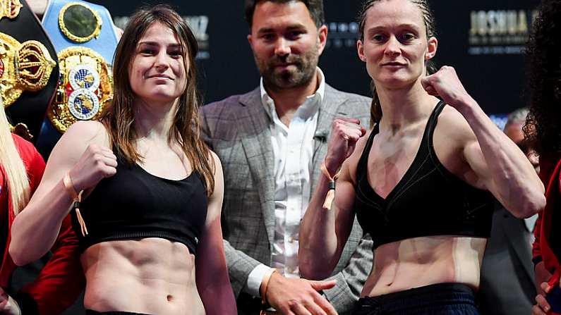 31 May 2019; Katie Taylor and Delfine Persoon after weighing in at Madison Square Garden prior to their Undisputed Female World Lightweight Championship fight in New York, USA. Photo by Stephen McCarthy/Sportsfile