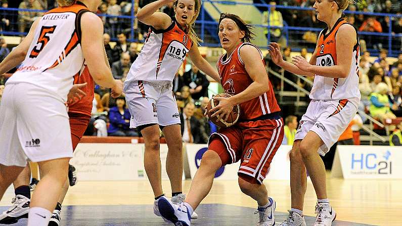 15 January 2012; Lindsay Peat, DCU Mercy, in action against Hannah Fraser, centre, and Kate Gillen, 11890 Killester. Women's Superleague Cup Semi-Final, DCU Mercy v 11890 Killester, Neptune Stadium, Cork. Picture credit: Brendan Moran / SPORTSFILE