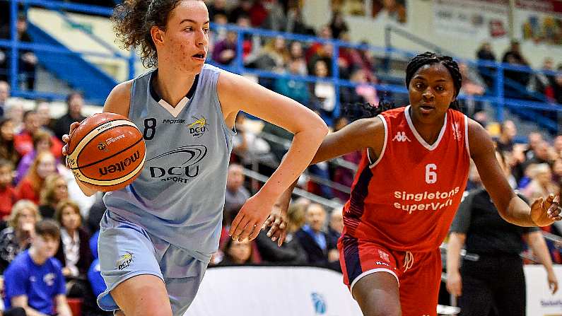 11 January 2020; Rachel Huijsdens of DCU Mercy in action against Aryn McClure of Singleton Supervalu Brunell during the Hula Hoops Women's Paudie O'Connor National Cup Semi-Final match between DCU Mercy and Singleton Supervalu Brunell at Neptune Stadium in Cork. Photo by Brendan Moran/Sportsfile