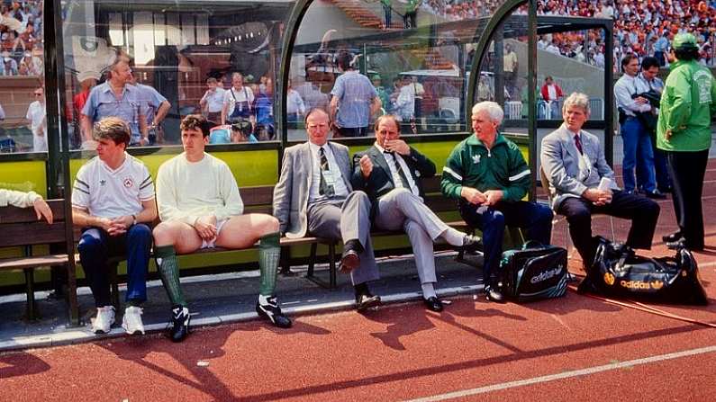 18 June 1988; The Republic of Ireland bench, from left, Chris Morris, Tony Cascarino, manager Jack Charlton, assistant manager Maurice Setters and physio Mick Byrne during the UEFA European Football Championship Finals Group B match between Republic of Ireland and Netherlands at Parkstadion in Gelsenkirchen, Germany. Photo by Ray McManus/Sportsfile