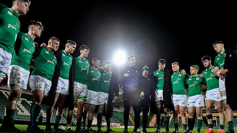 21 February 2020; Ireland head coach Noel McNamara speaks to his players after victory over England in the Six Nations U20 Rugby Championship match between England and Ireland at Franklins Gardens in Northampton, England. Photo by Brendan Moran/Sportsfile