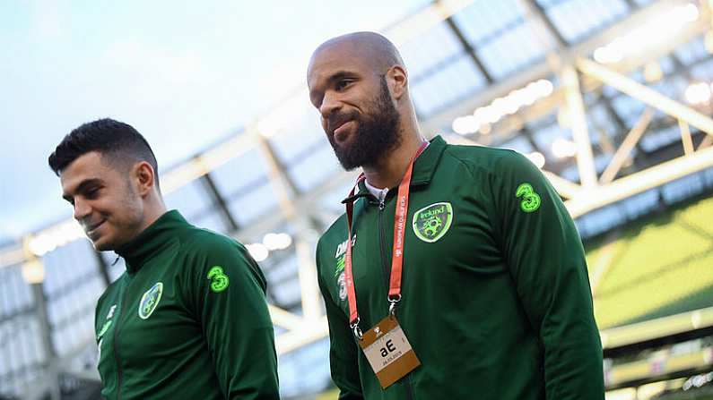 26 March 2019; David McGoldrick and John Egan, left, of Republic of Ireland prior to the UEFA EURO2020 Group D qualifying match between Republic of Ireland and Georgia at the Aviva Stadium, Lansdowne Road, in Dublin. Photo by Stephen McCarthy/Sportsfile