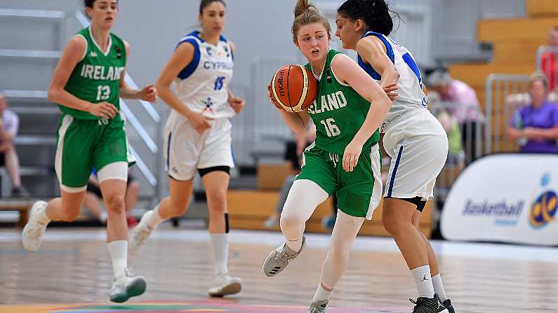 1 July 2018; Edel Thornton of Ireland in action against Chara Roussaki of Cyprus during the FIBA 2018 Women's European Championships for Small Nations Classification 5-6 match between Cyprus and Ireland at Mardyke Arena, Cork, Ireland. Photo by Brendan Moran/Sportsfile