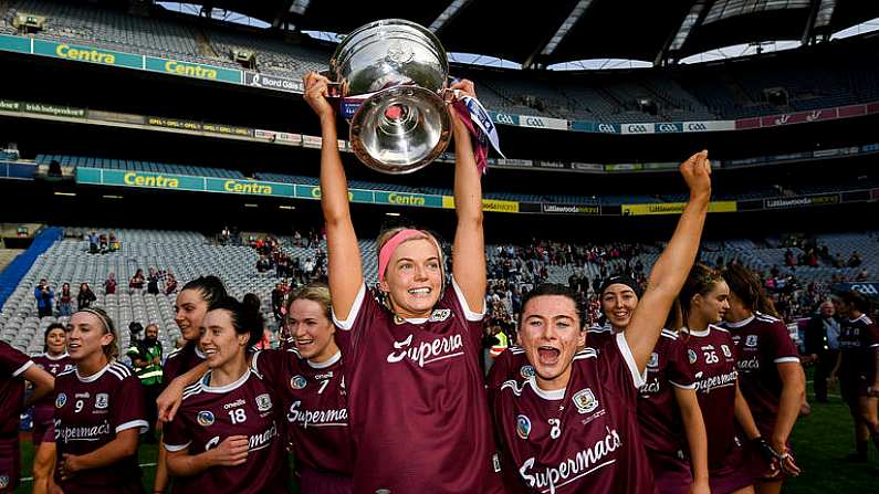 8 September 2019; Sarah Dervan and Aoife Donohue of Galway with the O'Duffy Cup following the Liberty Insurance All-Ireland Senior Camogie Championship Final match between Galway and Kilkenny at Croke Park in Dublin. Photo by Ramsey Cardy/Sportsfile