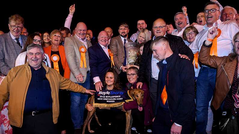 21 September 2019; Lenson Bocko with winning owners and connections after winning the 2019 BoyleSports Irish Greyhound Derby Final during the 2019 Boylesports Irish Greyhound Derby at Shelbourne Park in Dublin. Photo by Harry Murphy/Sportsfile