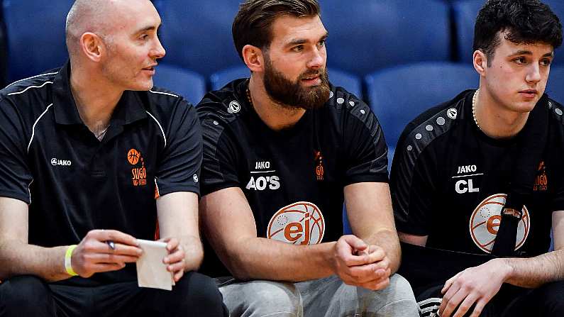 28 January 2017; Mayo footballer and EJ Sligo All Stars player Aidan O'Shea, centre, watches the Hula Hoops President's Cup Final match between Neptune and EJ Sligo All Stars at National Basketball Arena in Tallaght, Co. Dublin. Photo by Brendan Moran/Sportsfile