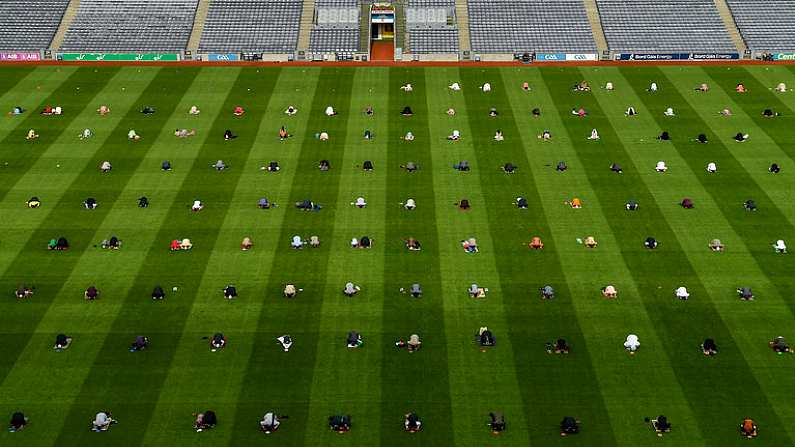 31 July 2020; Ireland celebrated the diversity of its country with 200 Irish-Muslims gathering in Dublin to mark Eid Al Adha on 31st July. Eid-ul-Adha or the 'feast of the sacrifice' is the most important celebration in Islam and is celebrated at the end of Hajj, which is an annual pilgrimage to Mecca. The Eid prayer took place at Croke Park to mark one of the most important days in the Islamic calendar. Those attending abided by strict social distancing rules and came together alongside their Muslim brothers and sisters to mark the occasion. The celebration was one of the first public gatherings of its kind held in Ireland since last March and was attended by representatives of the Government, ambassadors, as well as Christian, Jewish, and other faith leaders. A general view of the attendees pictured during the Eid Al-Adha Prayer 2020. Photo by Brendan Moran/Sportsfile