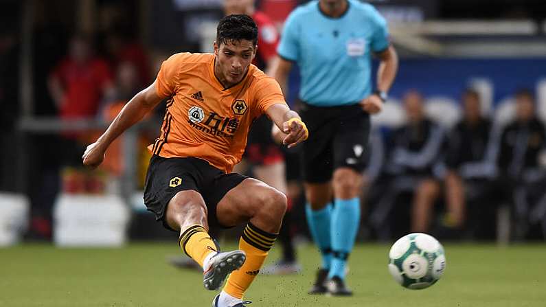 1 August 2019; Raul Jimenez of Wolverhampton Wanderers shoots to score his side's second goal during the UEFA Europa League 2nd Qualifying Round 2nd Leg match between Crusaders and Wolverhampton Wanderers at Seaview in Belfast, Co Antrim. Photo by Oliver McVeigh/Sportsfile