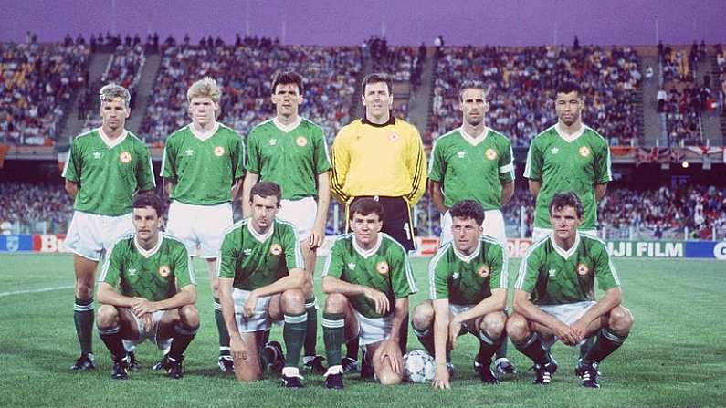 21 June 1990; The Republic of Ireland team who played England. Back row, from left, Chris Morris, Steve Staunton, Tony Cascarino, Packie Bonner, Mick McCarthy and Paul McGrath. Front, from left, John Aldridge, Kevin Sheedy, Ray Houghton, Andy Townsend and Kevin Moran. Republic of Ireland v England, World Cup Finals, Caglairi, Italy. Soccer. Picture credit; Ray McManus / SPORTSFILE