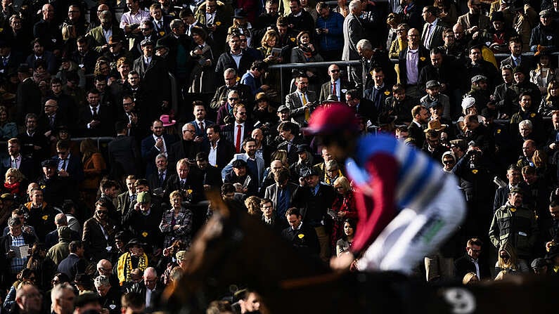 13 March 2020; Racegoers watch on as Kiltealy Briggs, with Adrian Heskin up, goes to post ahead of the Albert Bartlett Novices' Hurdle on Day Four of the Cheltenham Racing Festival at Prestbury Park in Cheltenham, England. Photo by Harry Murphy/Sportsfile