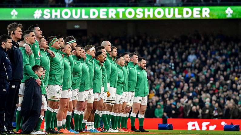 1 February 2020; The Ireland team stand for Amhran na bhFiann prior to the Guinness Six Nations Rugby Championship match between Ireland and Scotland at the Aviva Stadium in Dublin. Photo by Brendan Moran/Sportsfile