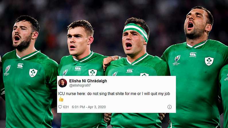 19 October 2019; Ireland players, from left, Robbie Henshaw, Garry Ringrose, CJ Stander and Tadhg Beirne during Ireland's Call prior to the 2019 Rugby World Cup Quarter-Final match between New Zealand and Ireland at the Tokyo Stadium in Chofu, Japan. Photo by Brendan Moran/Sportsfile