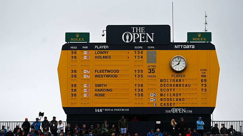 19 July 2019; The scoreboard is seen during Day Two of the 148th Open Championship at Royal Portrush in Portrush, Co Antrim. Photo by Ramsey Cardy/Sportsfile