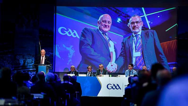 29 February 2020; Uachtaran Chumann Luthchleas Gael John Horan speaking about Uachtaran Tofa Chumann Luthchleas Gael Larry McCarthy in his address during the GAA Annual Congress 2020 at Croke Park in Dublin. Photo by Piaras O Midheach/Sportsfile