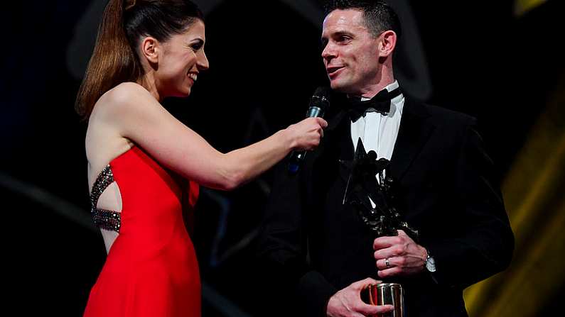 1 November 2019; Dublin footballer and Footballer of the Year Stephen Cluxton is interviewed by MC Joanne Cantwell during the PwC All-Stars 2019 at the Convention Centre in Dublin. Photo by Brendan Moran/Sportsfile