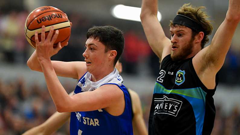 10 November 2018; CJ Fulton of Belfast Star in action against Darragh O'Hanlon of Garvey's Tralee Warriors during the Basketball Ireland Men's Superleague match between Garvey's Tralee Warriors and Belfast Star at Tralee Sports Complex in Tralee, Co Kerry. Photo by Piaras O Midheach/Sportsfile