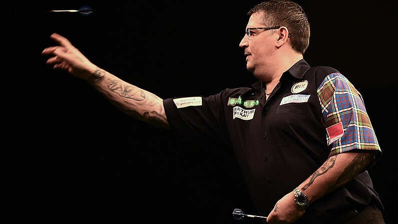 1 February 2018; Gary Anderson competes against Michael Smith during the 2018 Unibet Premier League Darts - Night One at the 3 Arena, in Dublin. Photo by Philip Fitzpatrick/Sportsfile