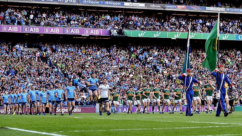 14 September 2019; The Artane Band lead both teams during the parade during the GAA Football All-Ireland Senior Championship Final Replay match between Dublin and Kerry at Croke Park in Dublin. Photo by Sam Barnes/Sportsfile