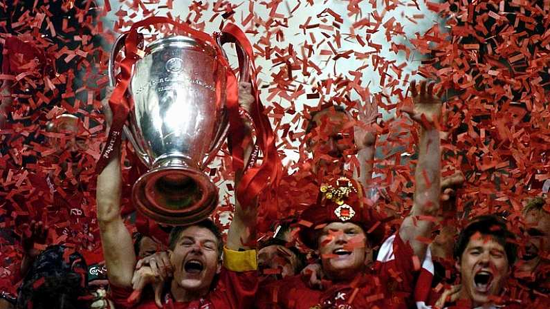 25 May 2005; Steven Gerrard, Liverpool captain, lifts the cup as his team-mates celebrate. UEFA Champions League Final, Liverpool v AC Milan, Ataturk Olympic Stadium, Istanbul, Turkey. Picture credit; David Maher / SPORTSFILE