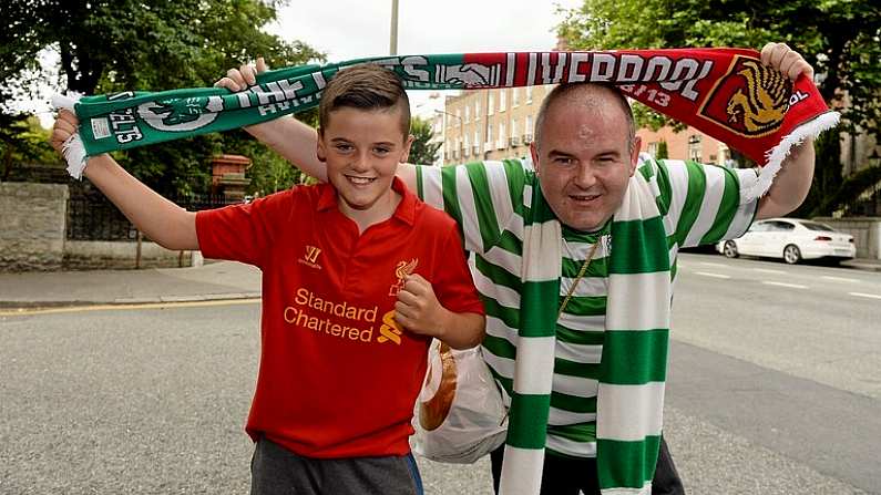 10 August 2013; Liverpool XI and Celtic XI supporters Darragh Byrne and John Byrne, from Finglas, Dublin, at the game. Dublin Decider, Liverpool XI v Glasgow Celtic XI, Aviva Stadium, Lansdowne Road, Dublin. Picture credit: Oliver McVeigh / SPORTSFILE