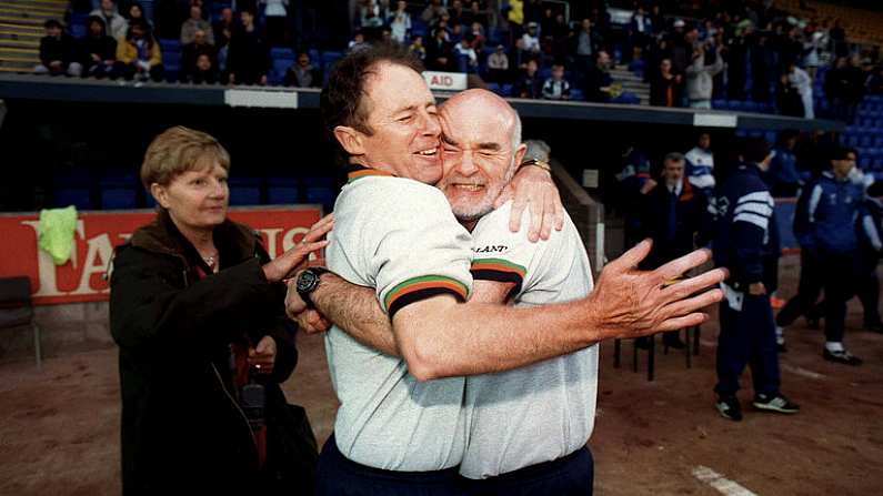 8 May 1998; Republic of Ireland manager Brian Kerr, left, and coach Noel O'Reilly congratulate each other following their side's victory during the UEFA Under-16 Championship Final against Italy at McDiarmid Park in Perth, Scotland. Photo by Brendan Moran/Sportsfile