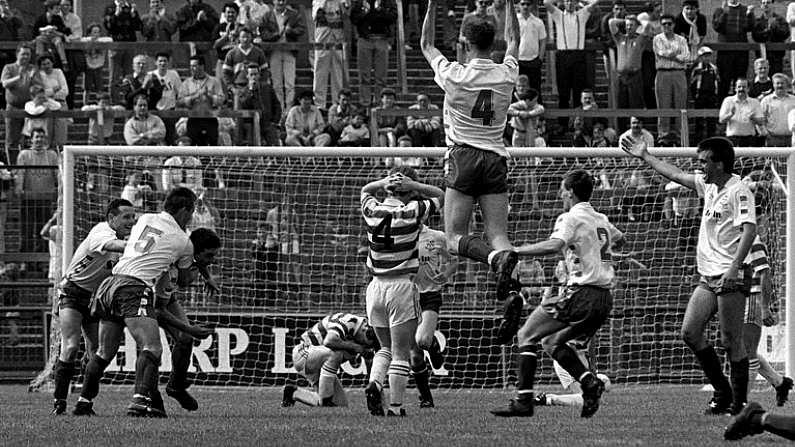 13 May 1990. Bray Wanderers' John Ryan is congratulated by team-mates after scoring one of his three goals. FAI Cup Final, Bray Wanderers v St Francis, Lansdowne Road, Dublin. Picture Credit; Ray McManus/SPORTSFILE.