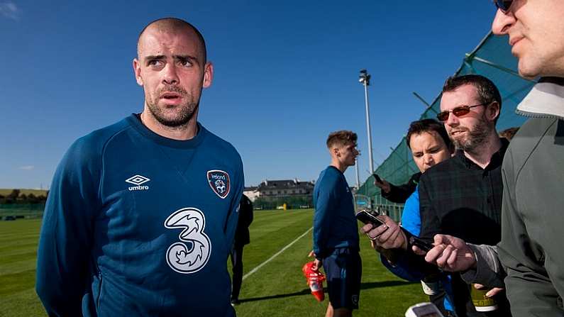 7 October 2014; Republic of Ireland's Darron Gibson during a pitchside update ahead of their UEFA EURO 2016 Championship Qualifer, Group D, game against Gibraltar on Saturday. Republic of Ireland Pitchside Update, Gannon Park, Malahide, Co. Dublin. Picture credit: David Maher / SPORTSFILE