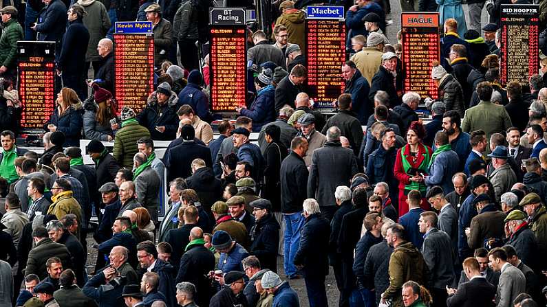 12 March 2020; Punters queue at Bookmakers on Day Three of the Cheltenham Racing Festival at Prestbury Park in Cheltenham, England. Photo by Harry Murphy/Sportsfile