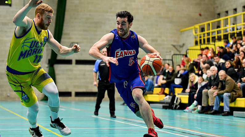 30 November 2017; Michael Darragh Macauley of Eanna in action against Matt Kelly of UCD Marian during Basketball Ireland Men's Superleague match between UCD Marian and Eanna at UCD Sports Centre in Dublin. Photo by Brendan Moran/Sportsfile