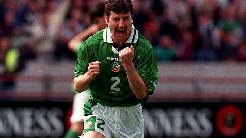 5 September 1998; Denis Iriwn of Republic of Ireland celebrates after scoring his sides first goal from the penalty spot during the UEFA EURO 2000 Group 8 Qualifier between Republic of Ireland and Croatia at Lansdowne Road in Dublin. Photo by Matt Browne/Sportsfile.