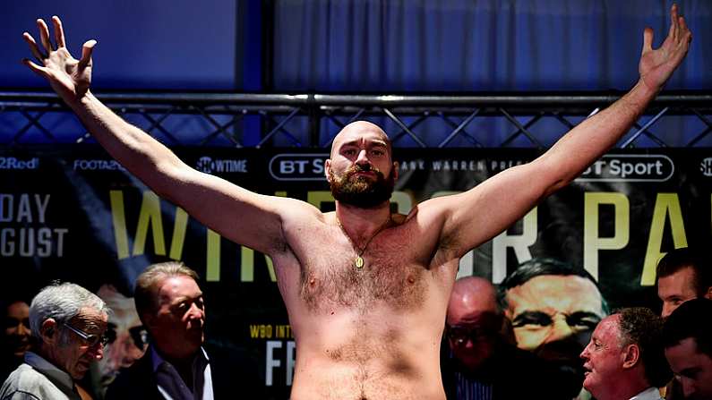 17 August 2018; Tyson Fury weighs in prior to his bout with Francesco Pianeta during the Windsor Park boxing weigh ins at Belfast City Hall in Belfast. Photo by Ramsey Cardy/Sportsfile