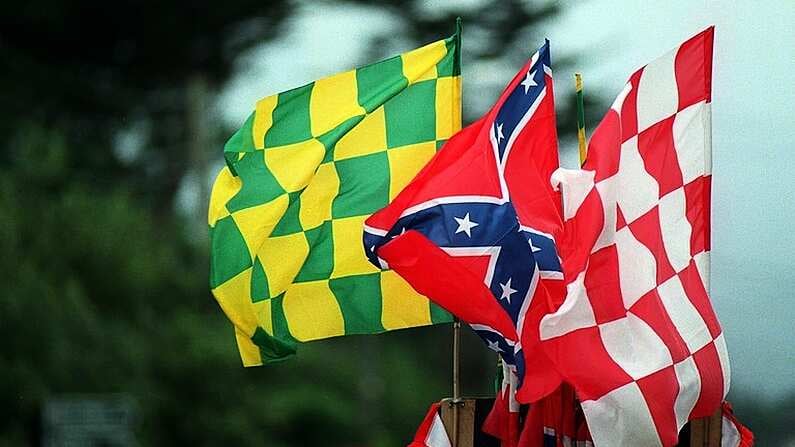 23 July 1995. Cork & Kerry flags. Munster Football Final, Kerry v Cork, Fitzgerald Stadium, Killarney, Co. Kerry. Picture Credit: Brendan Moran/SPORTSFILE.