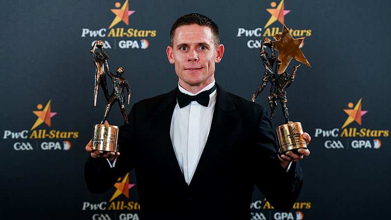 1 November 2019; Dublin footballer Stephen Cluxton with his Footballer of the Year and PwC All-Star award during the PwC All-Stars 2019 at the Convention Centre in Dublin. Photo by Seb Daly/Sportsfile