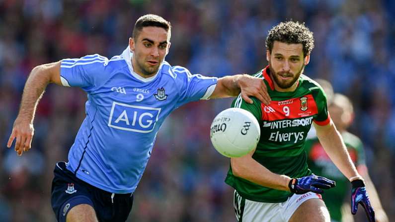 17 September 2017; James McCarthy of Dublin in action against Tom Parsons of Mayo during the GAA Football All-Ireland Senior Championship Final match between Dublin and Mayo at Croke Park in Dublin. Photo by Sam Barnes/Sportsfile