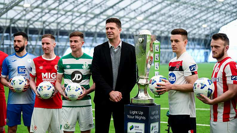 5 February 2020; FAI Interim Deputy Chief Executive Niall Quinn with SSE Airtricty League Premier Division players, from left, Dave Webster of Finn Harps, Ian Bermingham of St Patrick's Athletic, Ronan Finn of Shamrock Rovers, Darragh Leahy of Dundalk and David Cawley of Sligo Rovers during the launch of the 2020 SSE Airtricity League season at the Sport Ireland National Indoor Arena in Dublin. Photo by Stephen McCarthy/Sportsfile