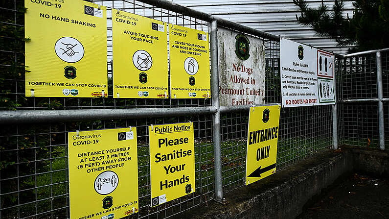 19 June 2020; Covid-19 signage is seen prior to a Peamount United squad training session in Greenogue in Newcastle, Dublin. Following approval from the Football Association of Ireland and the Irish Government, a number of national league teams have been allowed to resume collective training. On March 12, the FAI announced the cessation of all football under their jurisdiction upon directives from the Irish Government, the Department of Health and UEFA, in an effort to contain teh spread of the Coronavirus (COVID-19) pandemic. Photo by David Fitzgerald/Sportsfile