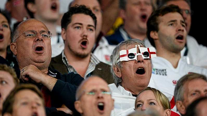 3 October 2015; England supporters during the singing of the National Anthems. 2015 Rugby World Cup, Pool A, England v Australia, Twickenham Stadium, London, England. Picture credit: Brendan Moran / SPORTSFILE