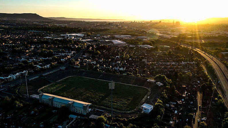 11 June 2020; A general view of Casement Park in Belfast, Northern Ireland. Located on Andersonstown Road in the west of the city, Casement Park serves as the home ground of the Antrim football and hurling teams. The stadium is currently closed and in a state of dereliction, with redevelopment plans pending now for several years. Photo by Stephen McCarthy/Sportsfile