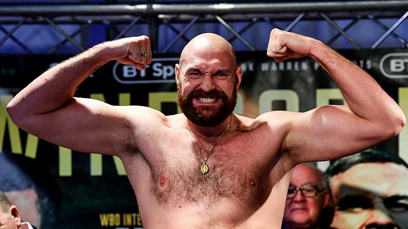 17 August 2018; Tyson Fury weighs in prior to his bout with Francesco Pianeta during the Windsor Park boxing weigh ins at Belfast City Hall in Belfast. Photo by Ramsey Cardy/Sportsfile