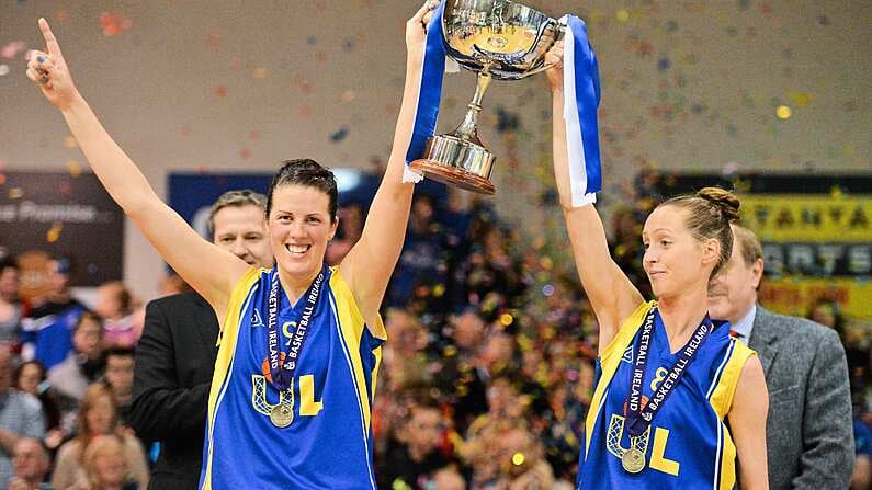 25 January 2013; UL Huskies co-captains Michelle Fahy, left, and Cathy Grant lifts the cup after victory over Team Montenotte Hotel Cork. 2013 Nivea Women's Superleague National Cup Final, UL Huskies v Team Montenotte Hotel Cork, National Basketball Arena, Tallaght, Dublin. Picture credit: Brendan Moran / SPORTSFILE