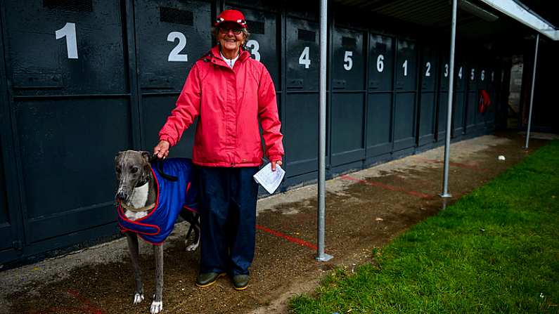 18 June 2020; Trainer Kathleen Stamp with Glenbrine Rescue ahead of the The TrackSide Diner Five-2-Five Stakes at Enniscorthy Greyhound Stadium in Wexford. Greyhound racing across the Republic of Ireland returned, on 18 June, as restrictions on sporting events are relaxed during the Coronavirus (COVID-19) pandemic. Photo by Stephen McCarthy/Sportsfile