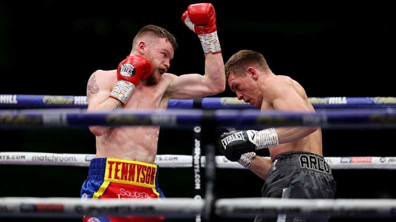 1 August 2020; James Tennyson, left, and Gavin Gwynne during the British Lightweight Title bout between James Tennyson and Gavin Gwynne at Matchroom Fight Camp in Brentwood, England. Photo by Mark Robinson/Matchroom Boxing via Sportsfile